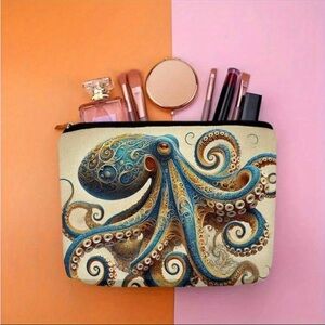 Blue Octopus Cosmetic Case Makeup Bag 9.9x6.9” Ocean Nautical Beach Zipper NWOT